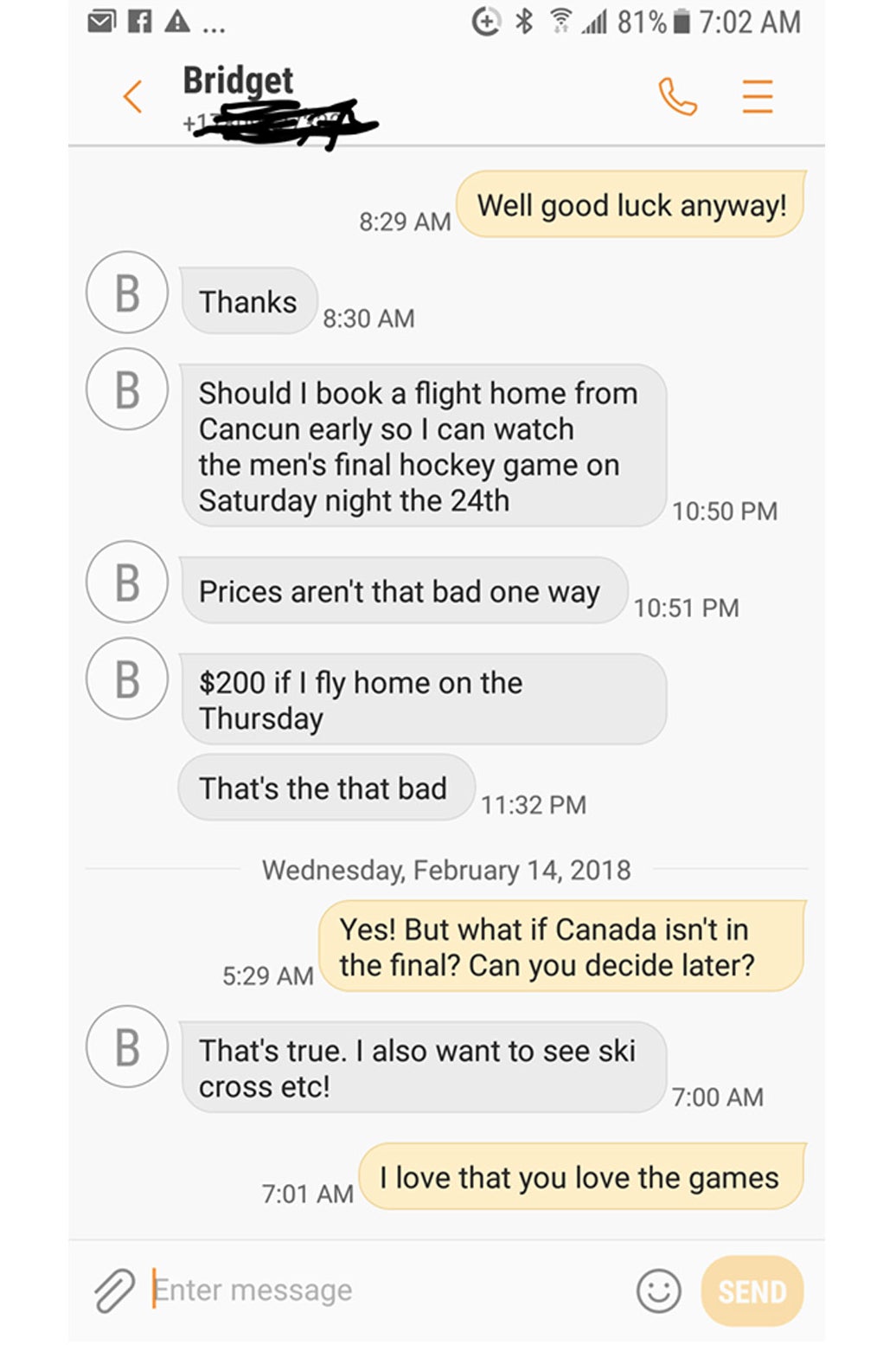 Texts between Vanore Voaklander and daughter.