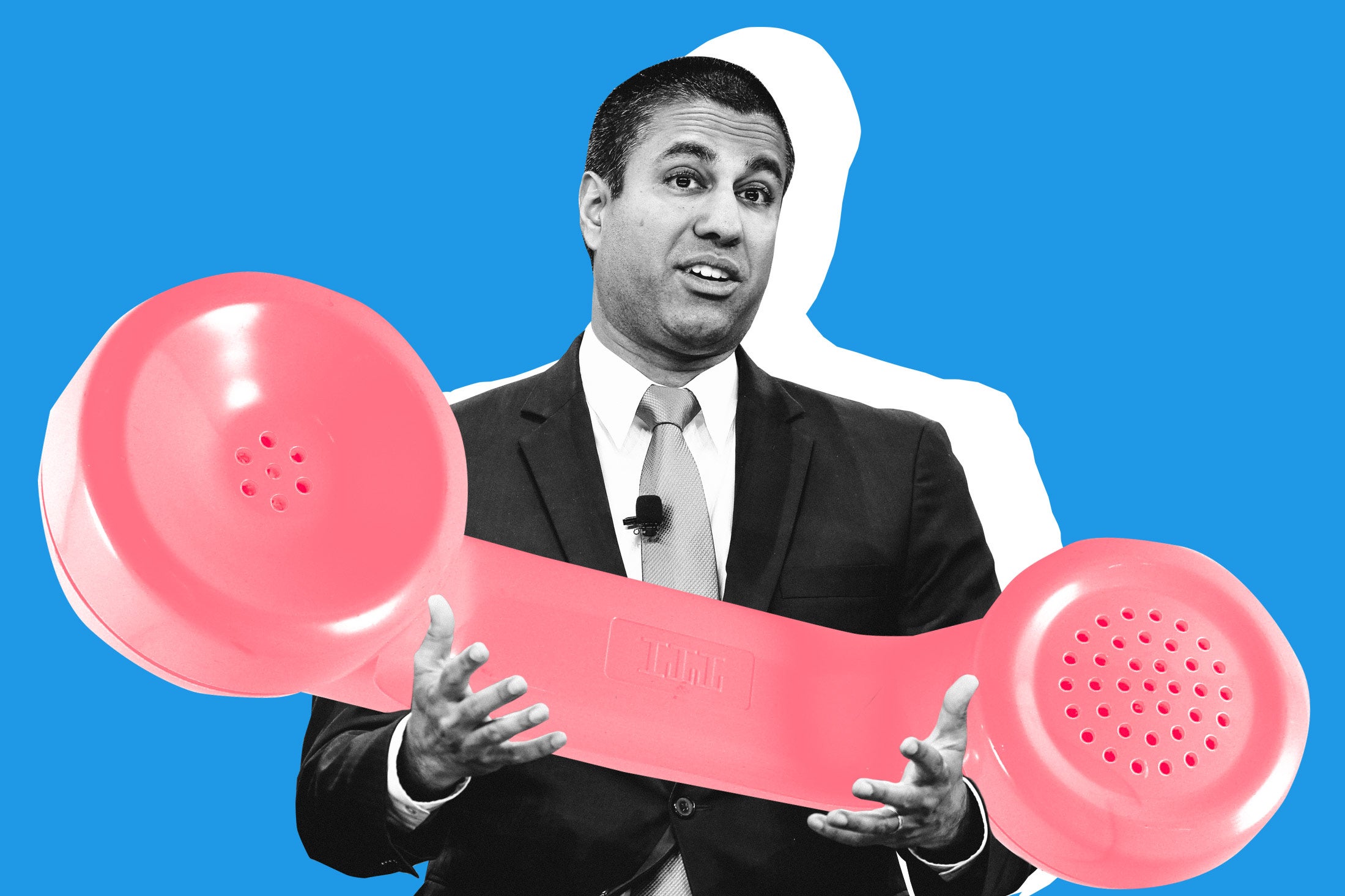 Ajit Pai holding a giant phone receiver.