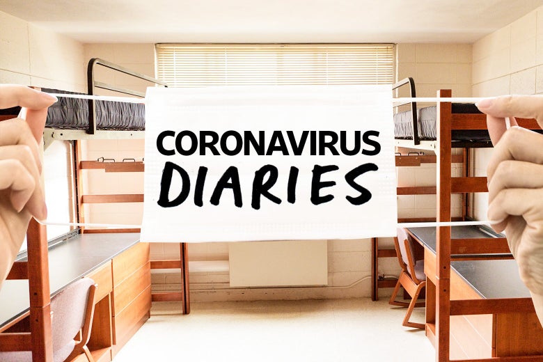 A mask saying "Coronavirus Diaries" is stretched over a picture of a dorm room containing empty bunk beds, desks, and chairs.
