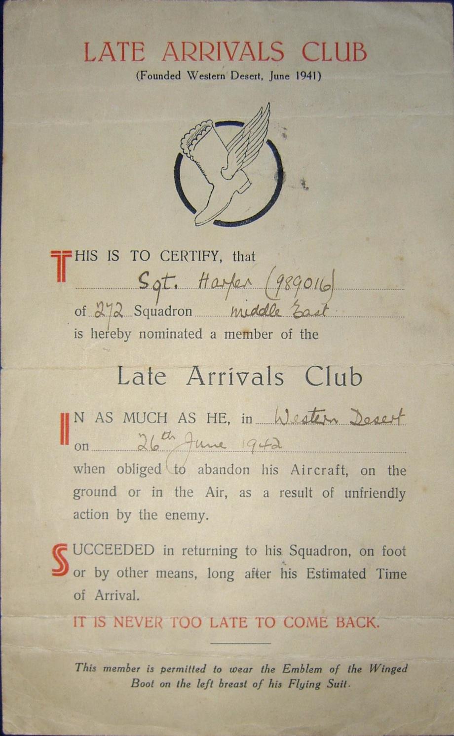 Late Arrivals Club certificate