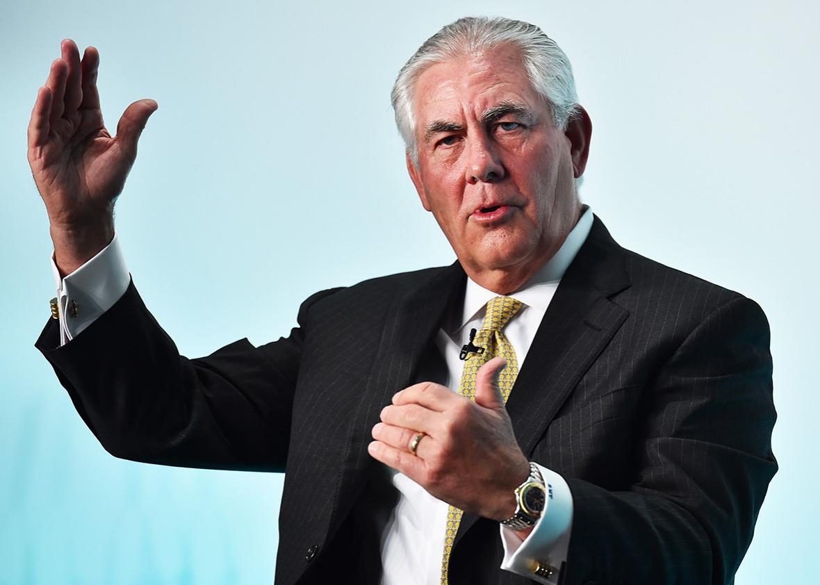 Chairman and CEO of US oil and gas corporation ExxonMobil, Rex Tillerson, speaks during the 2015 Oil and Money conference in central London on October 7, 2015. 