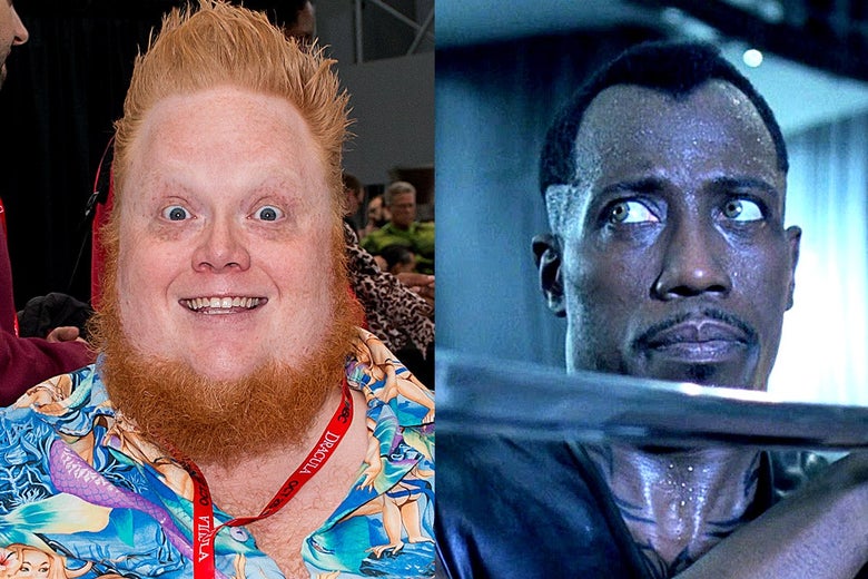 Side by side photos of Harry Knowles grinning with his neckbeard and eyes bugging out and Wesley Snipes holding a sword and glancing to the side
