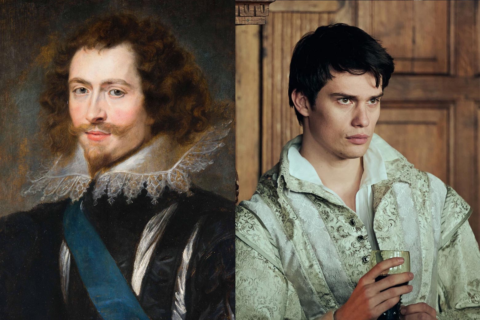 A painting of George Villiers is paired with a photo of Nicholas Galitzine playing him in Mary and George. 