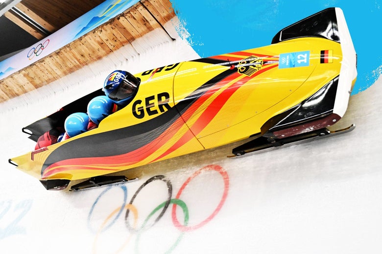 Germany's 4-man bobsled on the track, the Olympic rings and Beijing 2022 logo on the ice