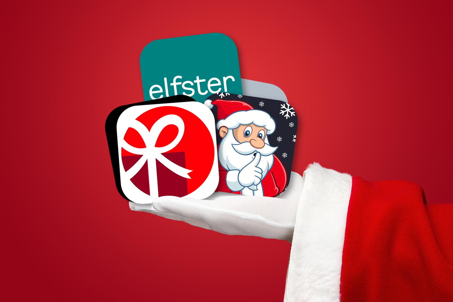 A Santa hand outstretched holding three apps: Elfster, DrawNames, and Santa's Secret Keeper. 