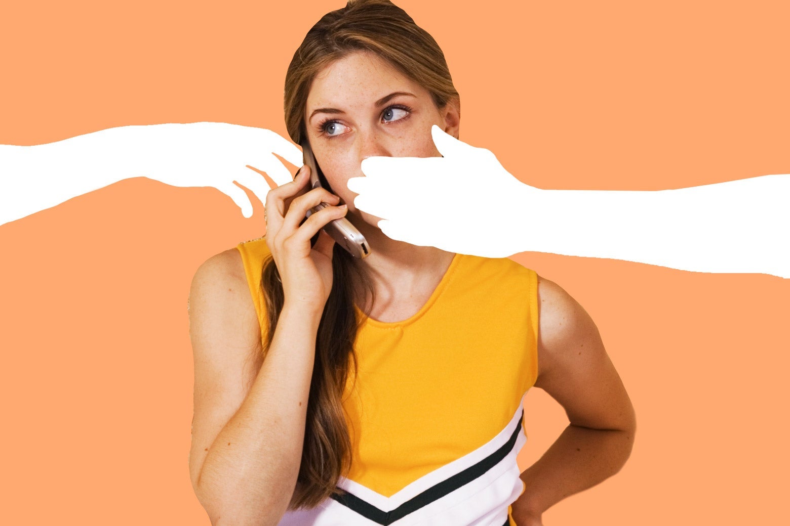 A cheerleader talks on the phone as a disembodied hand covers her mouth and other disembodied hand steals her phone.