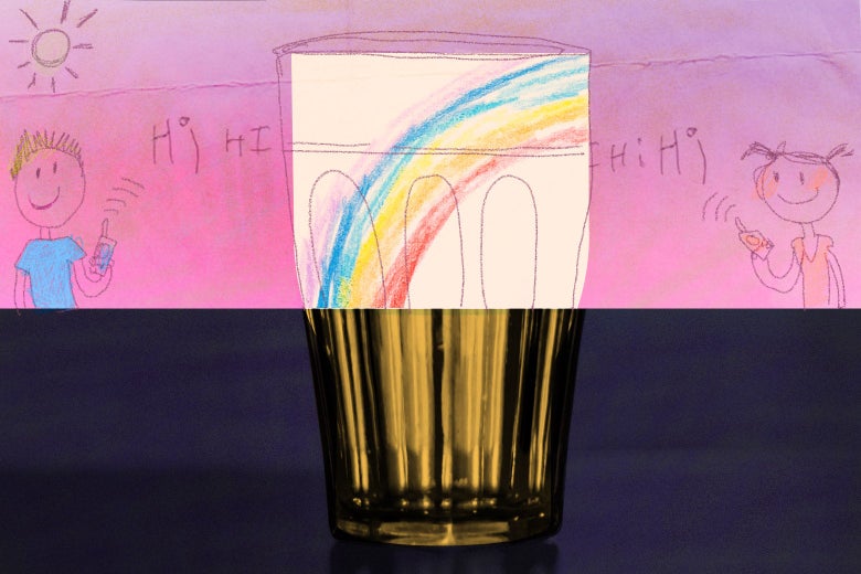 Collage of a glass divided into two pieces, the top half a child's drawing of two children saying hi through walkie talkies and the bottom a dark glass.