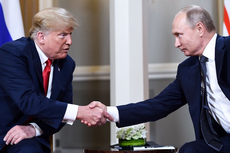 President Donald Trump and Russian President Vladimir Putin shake hands in Helsinki on July 16.