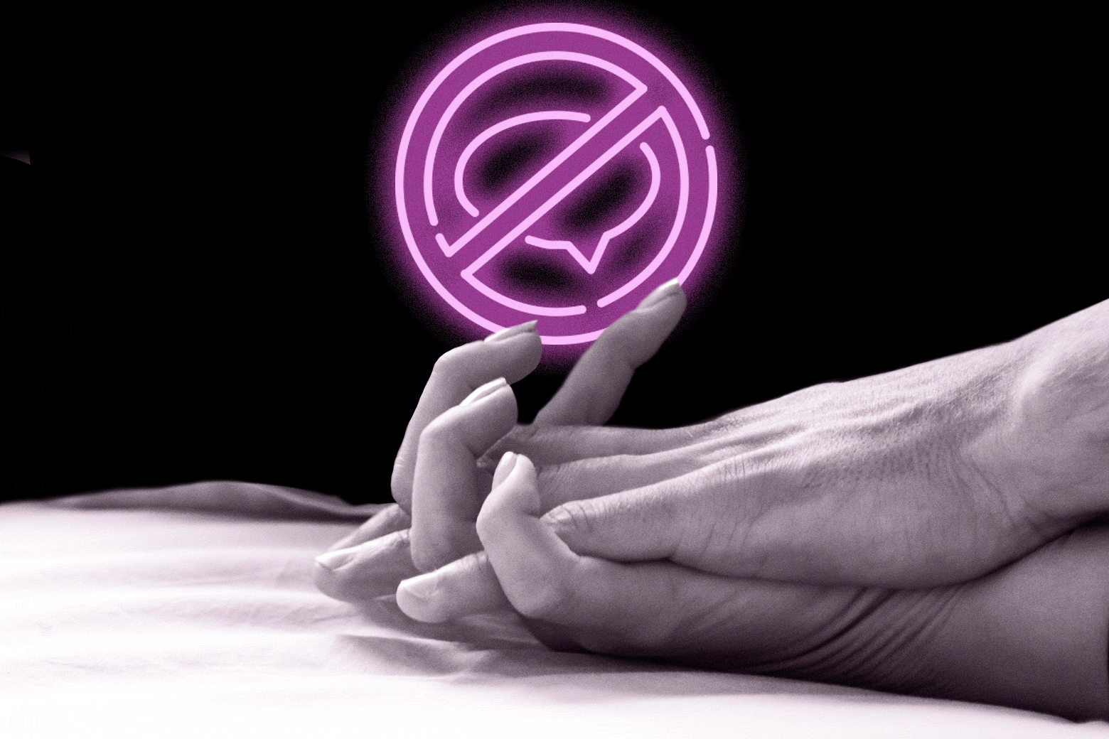GIF of two people holding hands. A neon "No Talking" sign glows in the background.