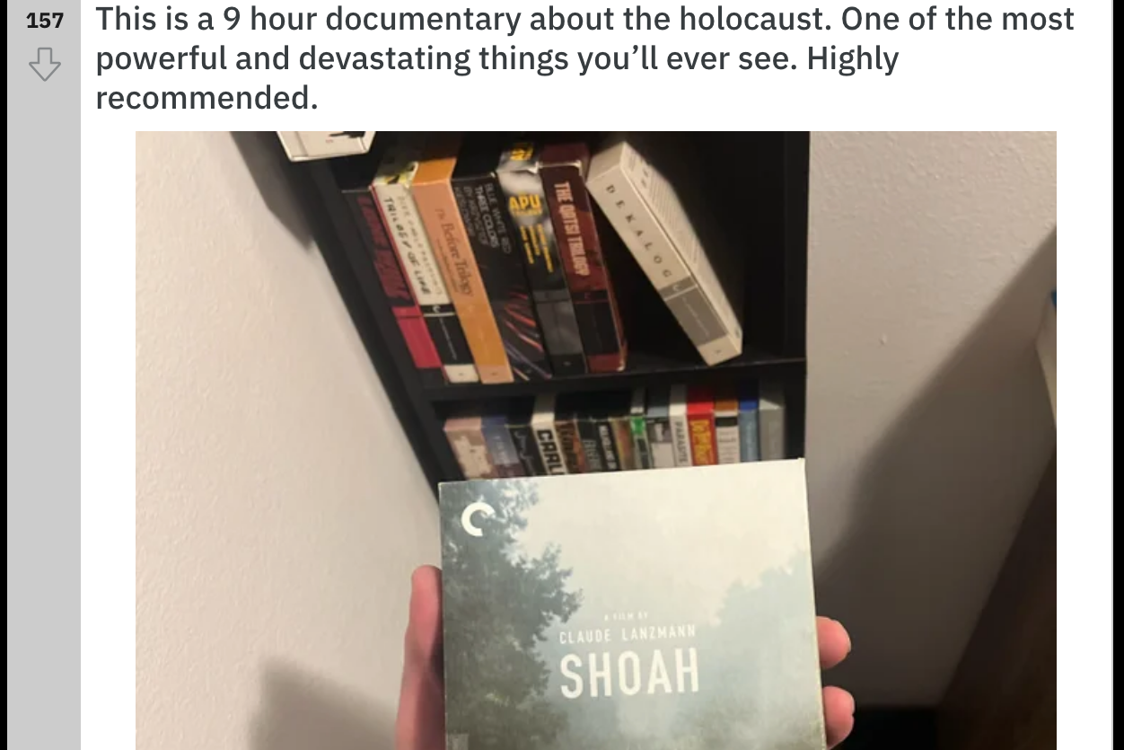 An r/Kanye post with a photo of a hand holding a DVD set of the documentary Shoah