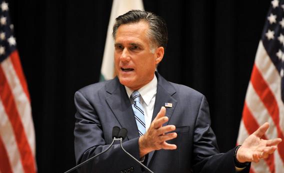 Mitt Romney speaks to the press in Costa Mesa, California, on Monday.