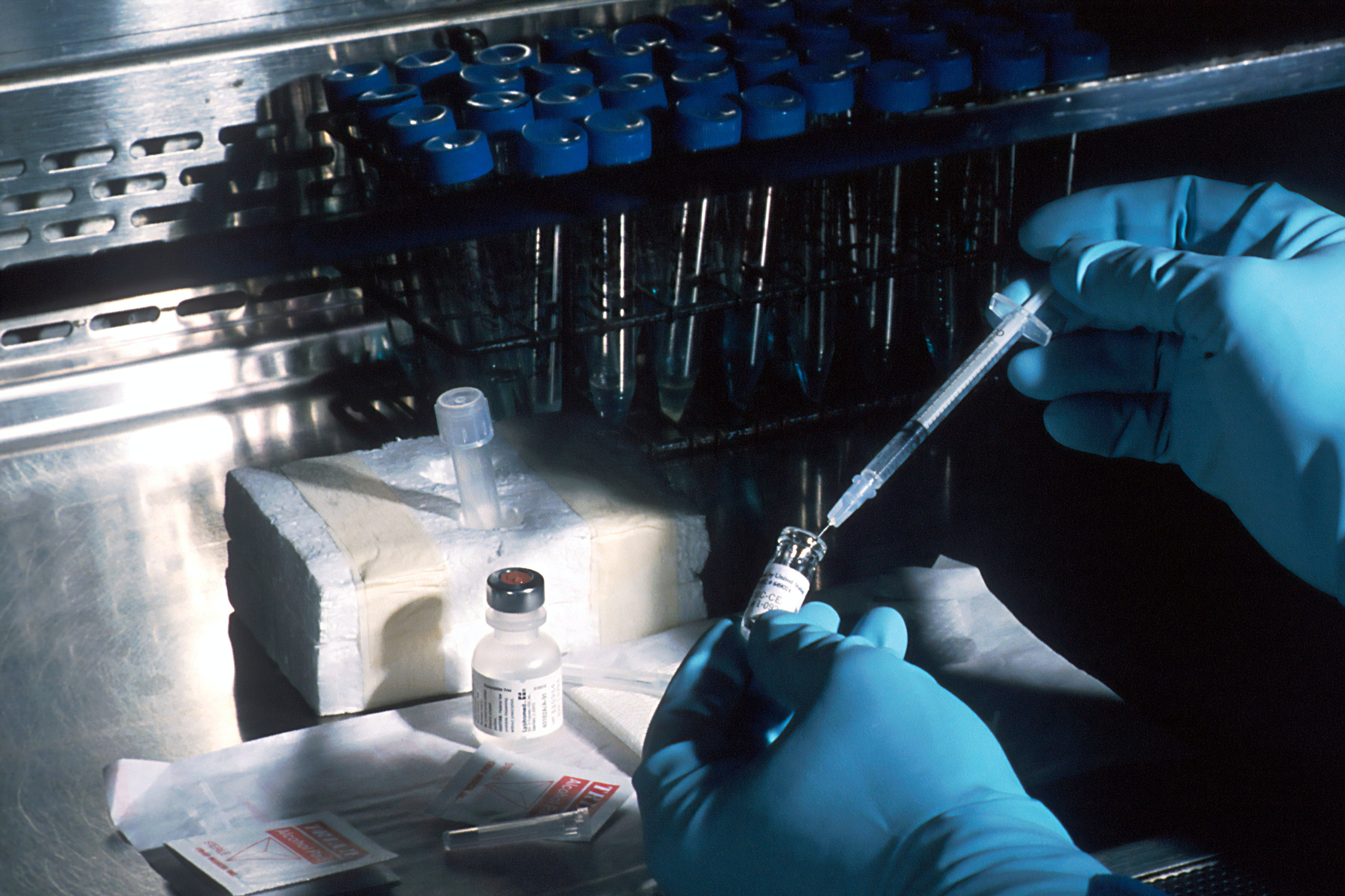 A close-up on a a scientist's hands, in blue gloves, holding a small glass vial and a syringe, at a lab bench.