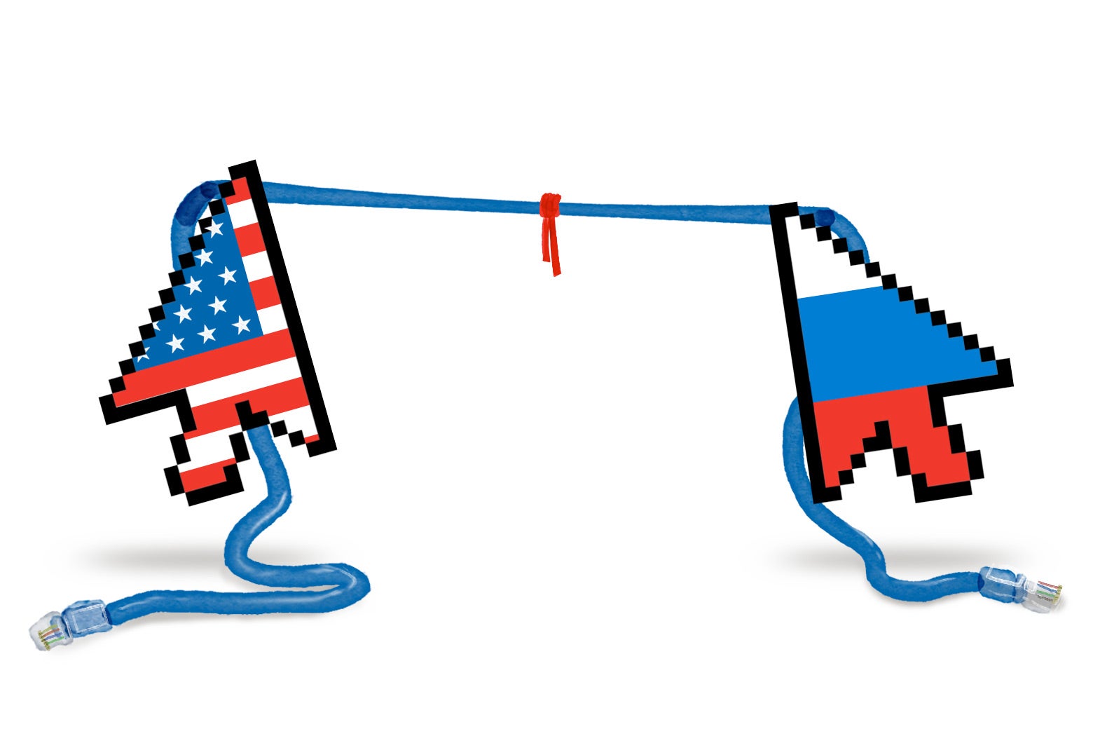 A blue internet cable is being pulled by an American flag cursor and a Russian flag cursor. 