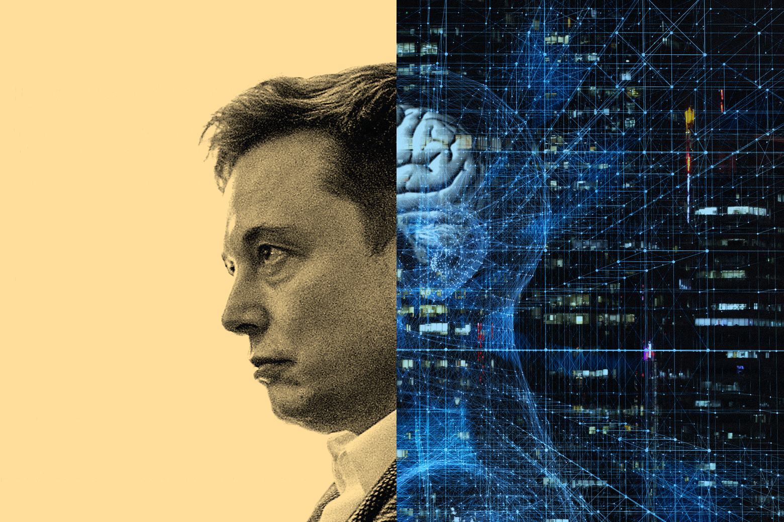 Photo illustration of a side by side of Elon Musk and a brain with digital wire imagery.