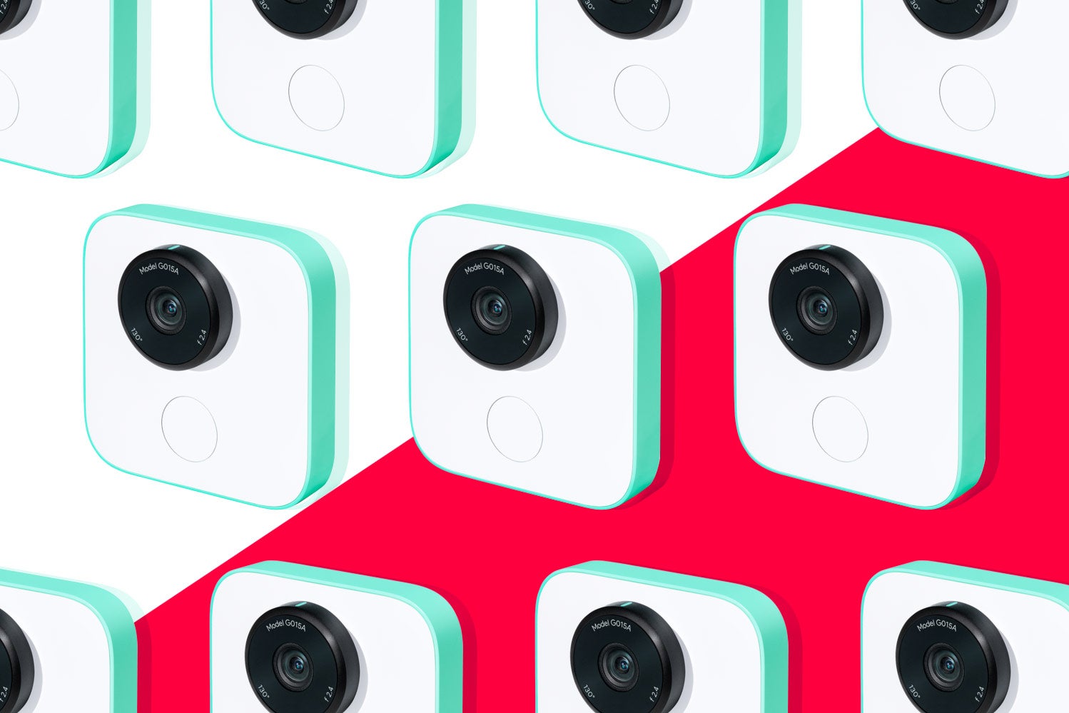 Photo illustration: cascading images of Google Clips against a red and white background.