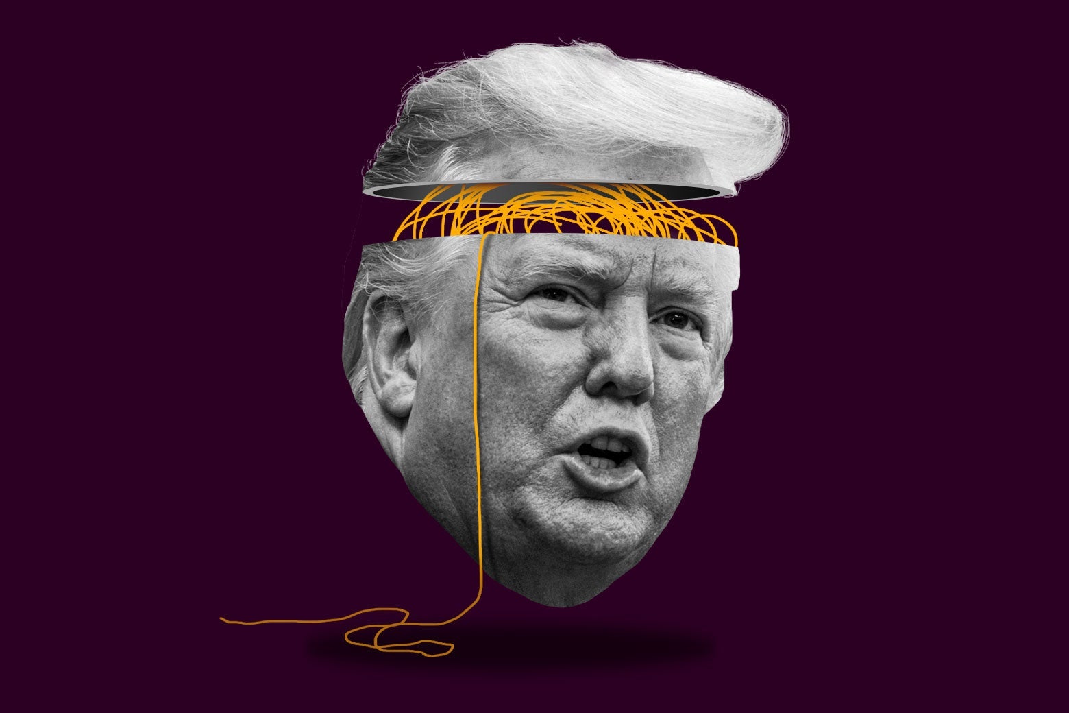 Illustration of Donald Trump with his head open and a pile of string spilling out. 