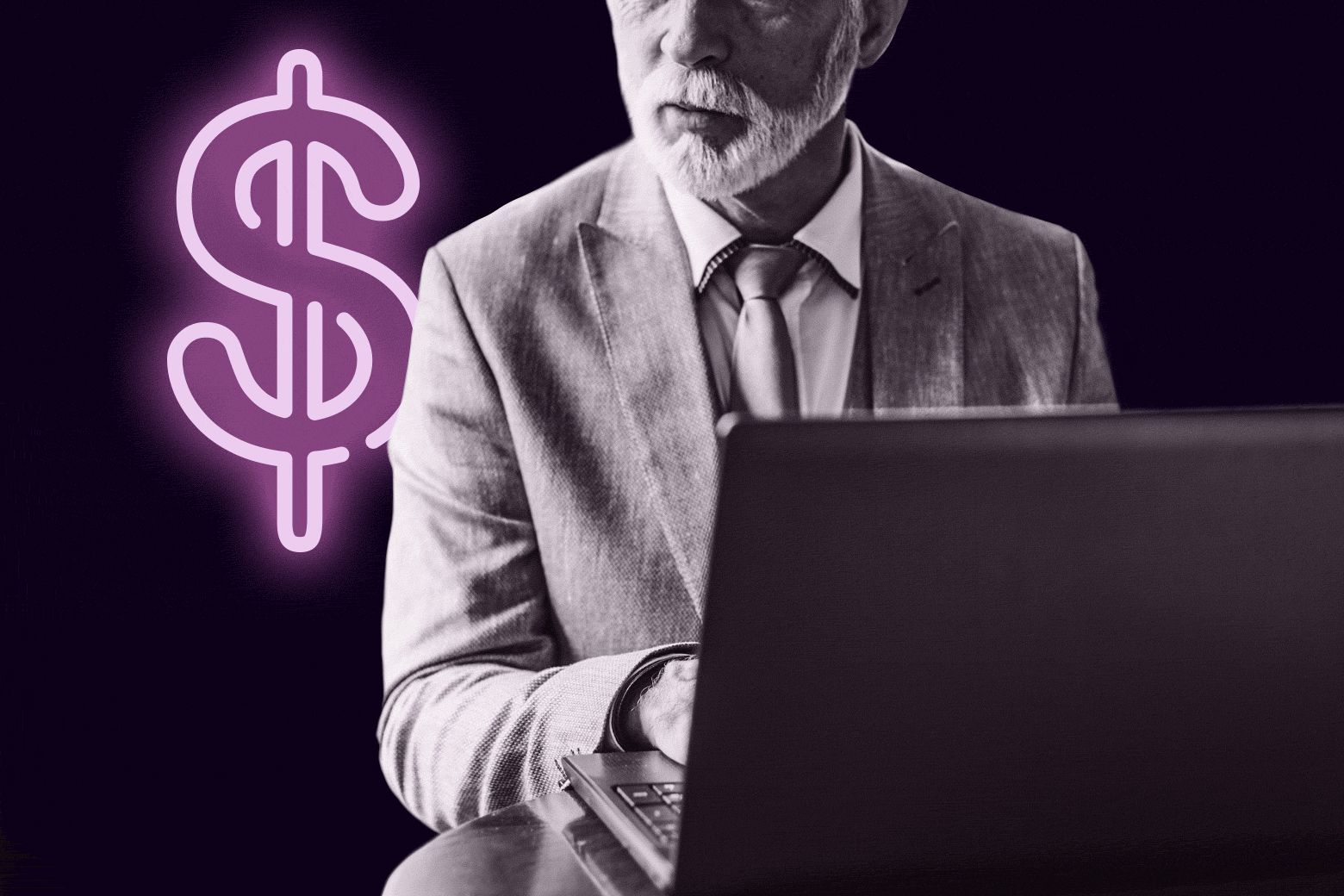 Older man on a computer looking over his shoulder at a neon pink dollar sign.