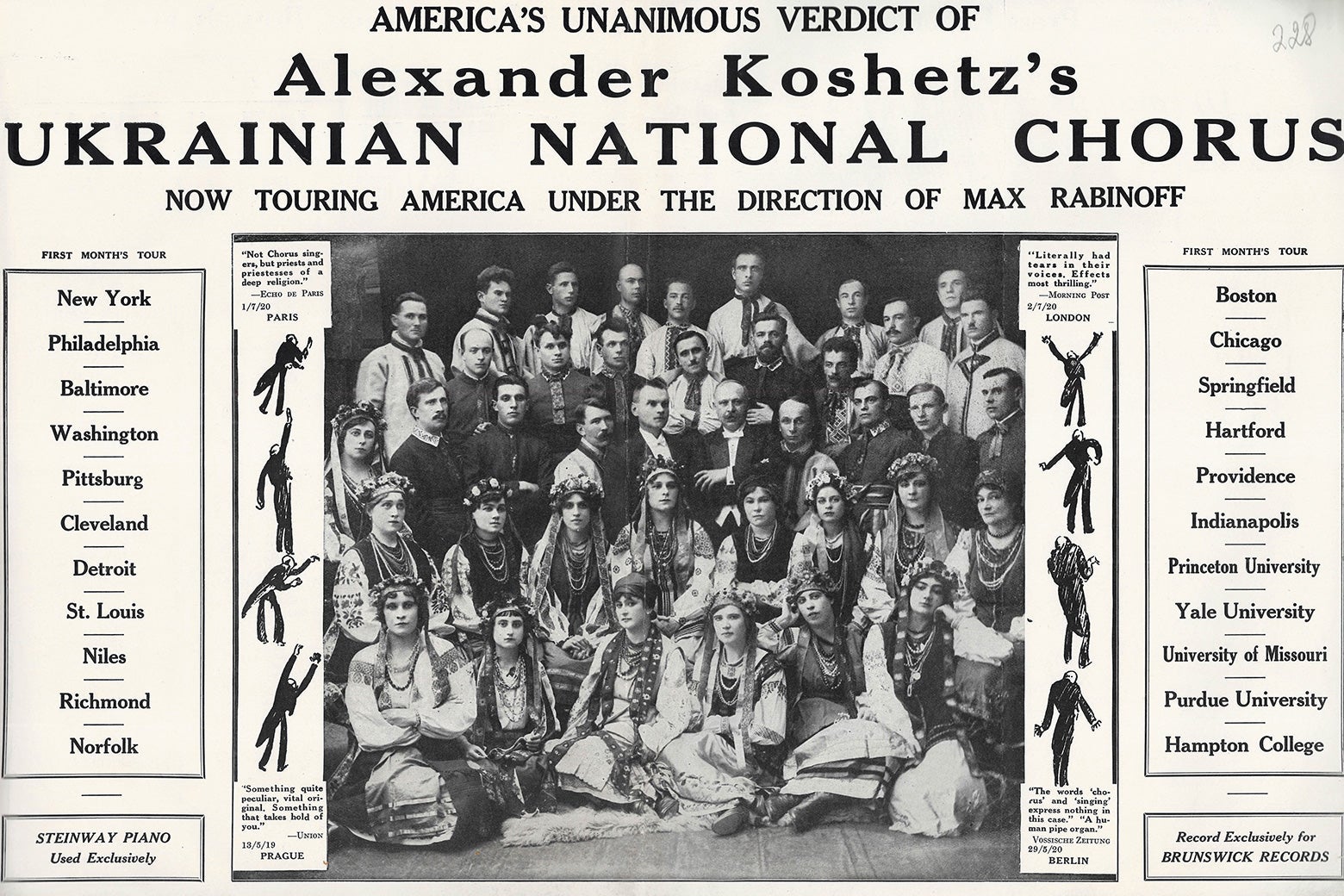 Archival photo of a newspaper clipping: "America's Unanimous Verdict of Alexander Koshetz's Ukrainian National Chorus: Now Touring America Under the Direction of Max Rabinoff"