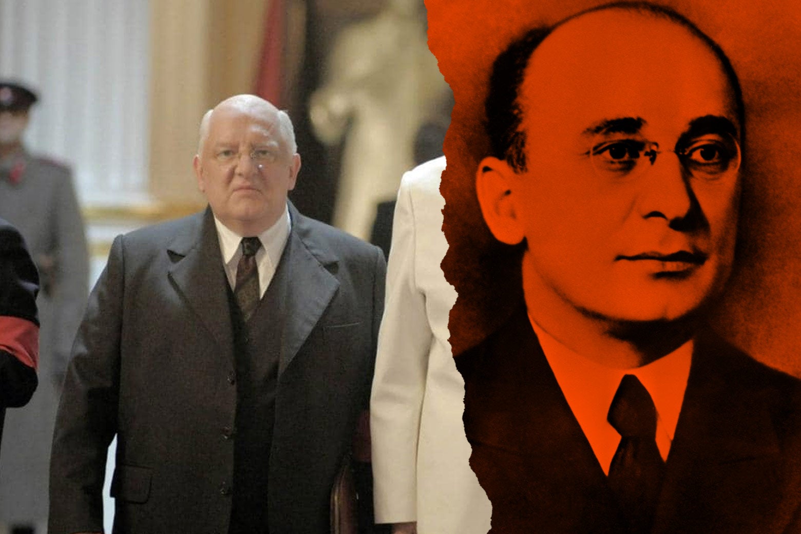 At left: Simon Russell Beale as Lavrentiy Beria in the film. At right: real Lavrentiy Beria.