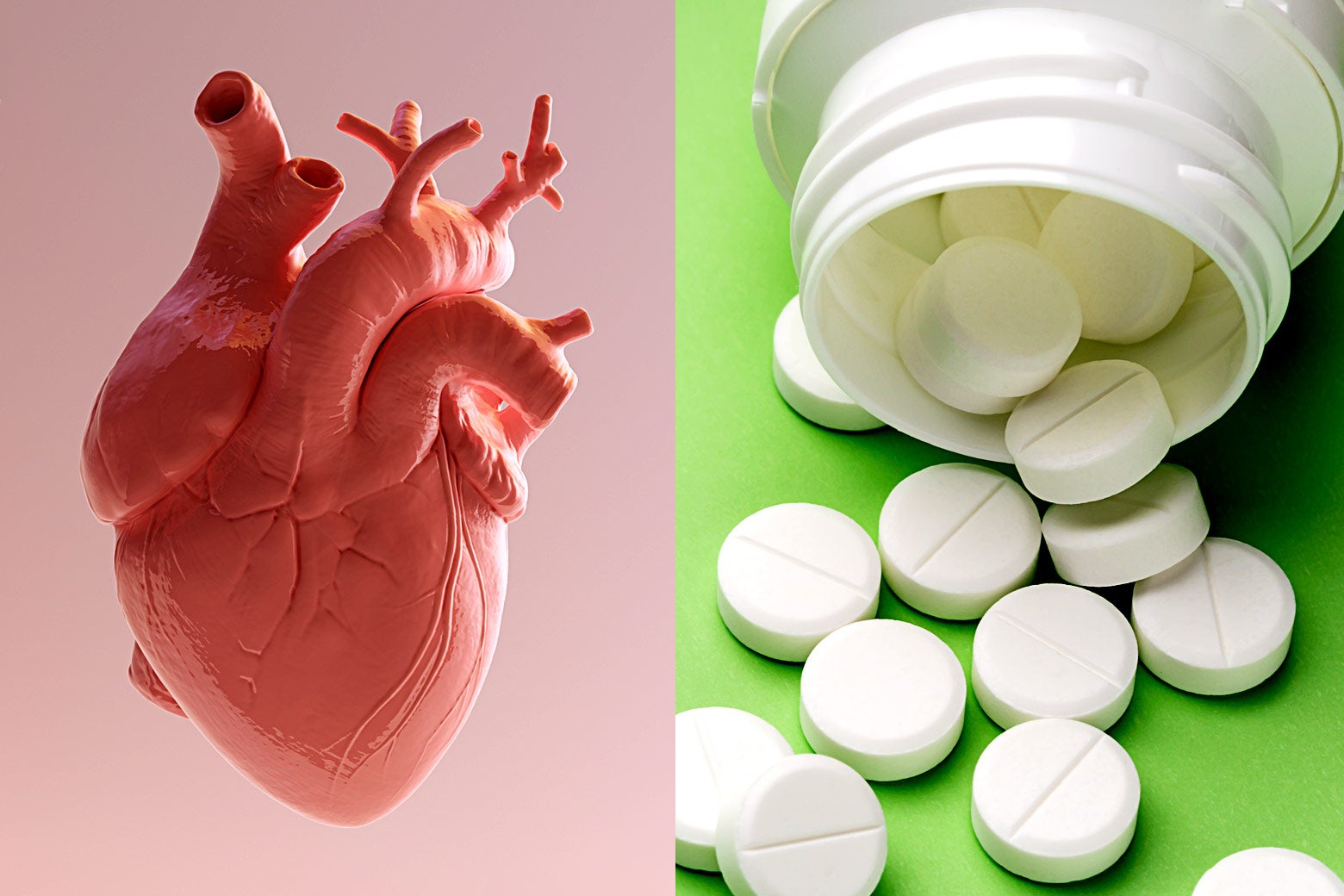 A side-by-side of a human heart and aspirin spilling out of a bottle.