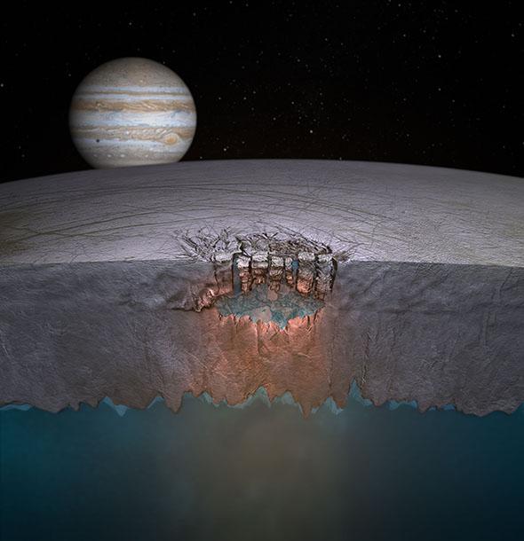 An artist's rendering of a near-surface pocket of water on Europa.