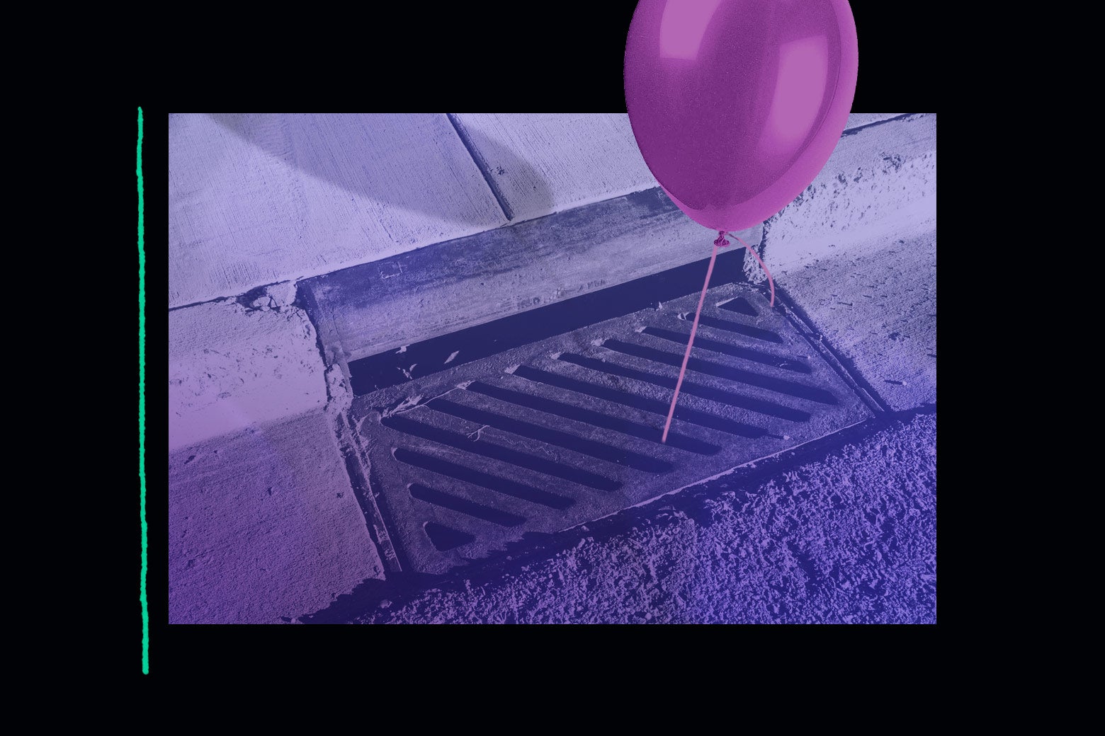 A red balloon floats up from a sewer grate.
