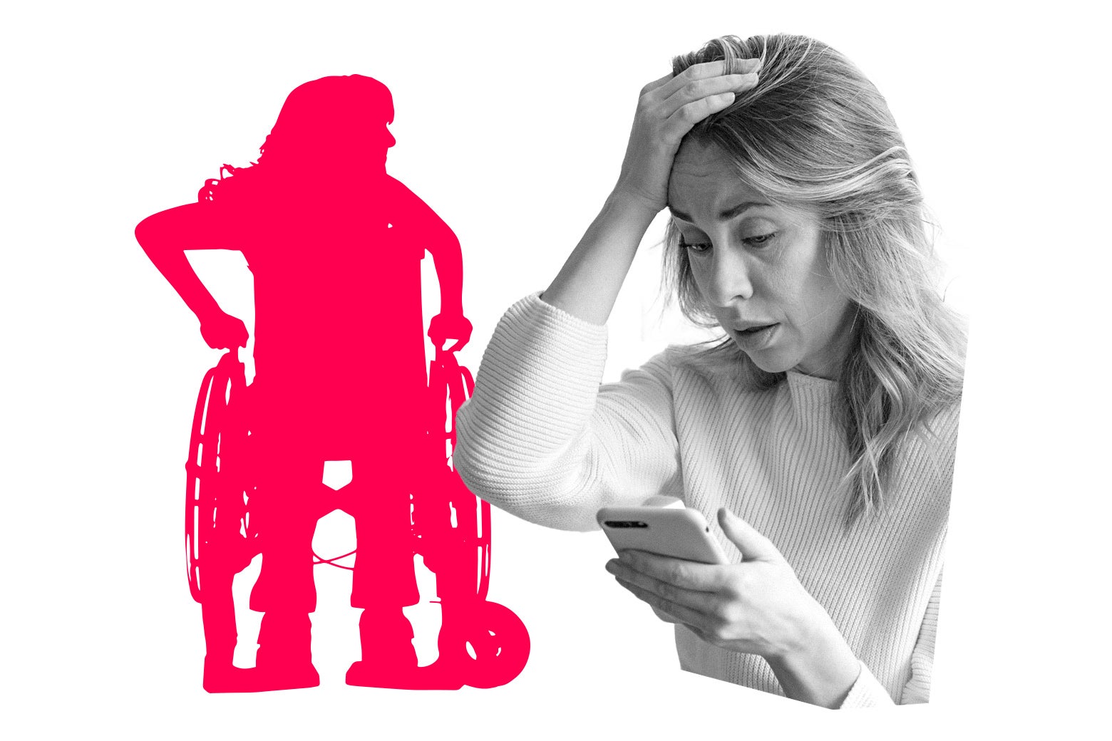 Woman looking upset at a cell phone in front of a silhouette of a woman in a wheelchair. 