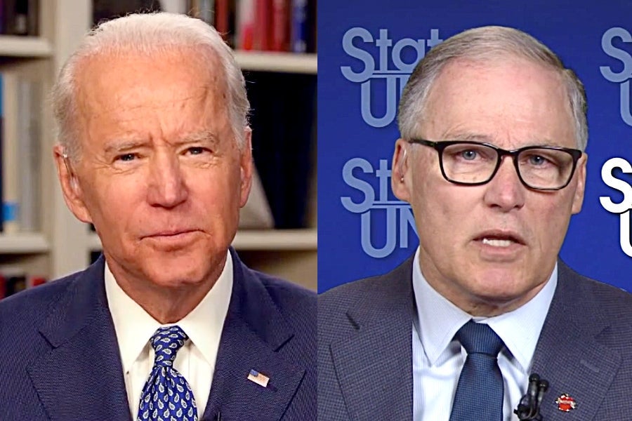 Biden and Inslee are seen side by side in close-up stills from TV appearances.