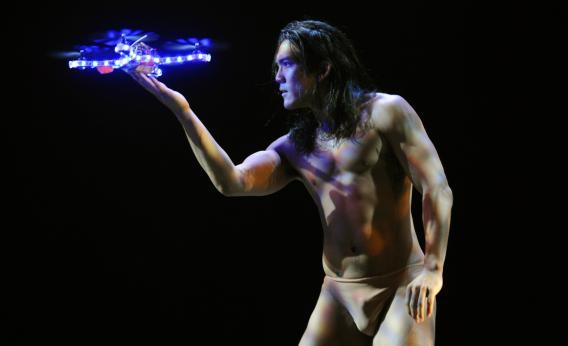 Dancer Matt Del Rosario from Pilobolus performs a scene from“Seraph” along with robots created in partnership with the engineers, programmers, and pilots of the MIT Computer Science and Artificial Intelligence Laboratory 