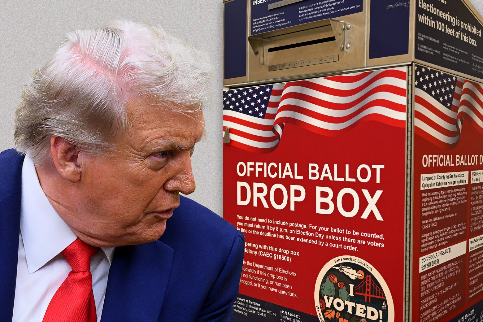 Trump señala una urna electoral.