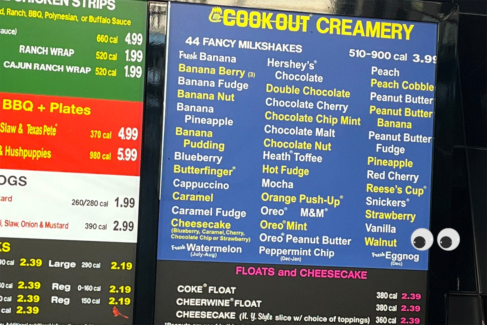 The lengthy milkshake menu at Cook Out, adorned with another set of googly eyes.