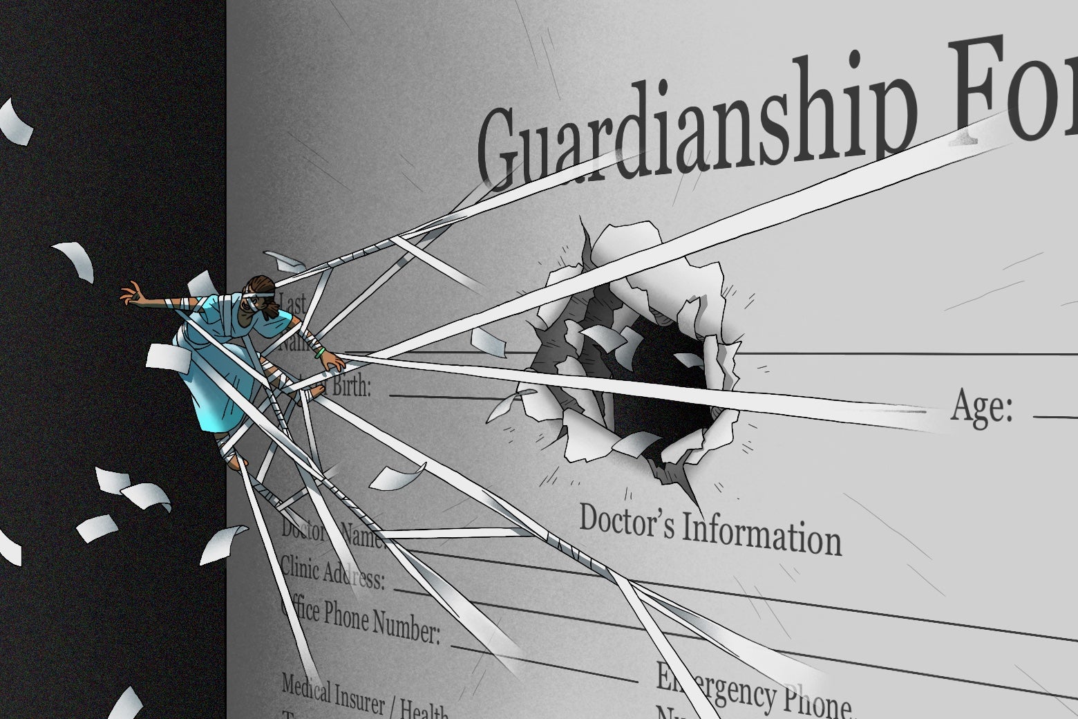 A person in a hospital gown is tied to a guardianship form by white paper.