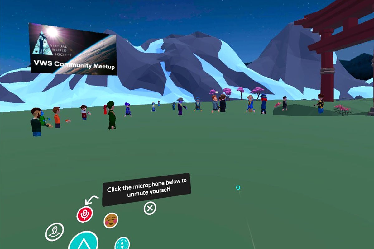 A virtual reality field with mountains in the background and a billboard advertising a Virtual World Society community meetup