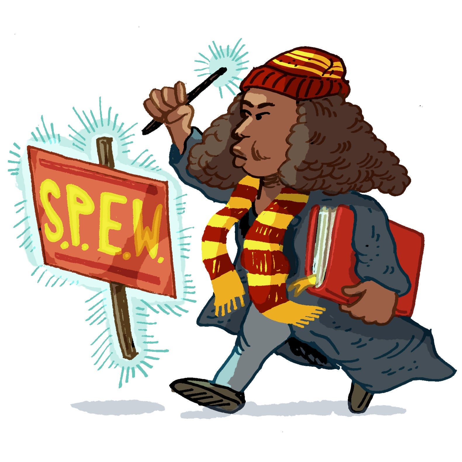 Illustration of Hermione Granger toting books and levitating a SPEW sign.