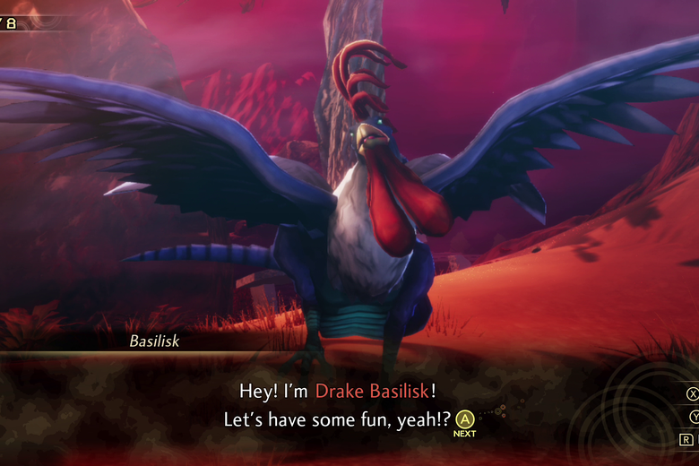 A purple chicken spreads out is wings. It says, "Hey! I'm Drake Basilisk! Let's have some fun, yeah?!"