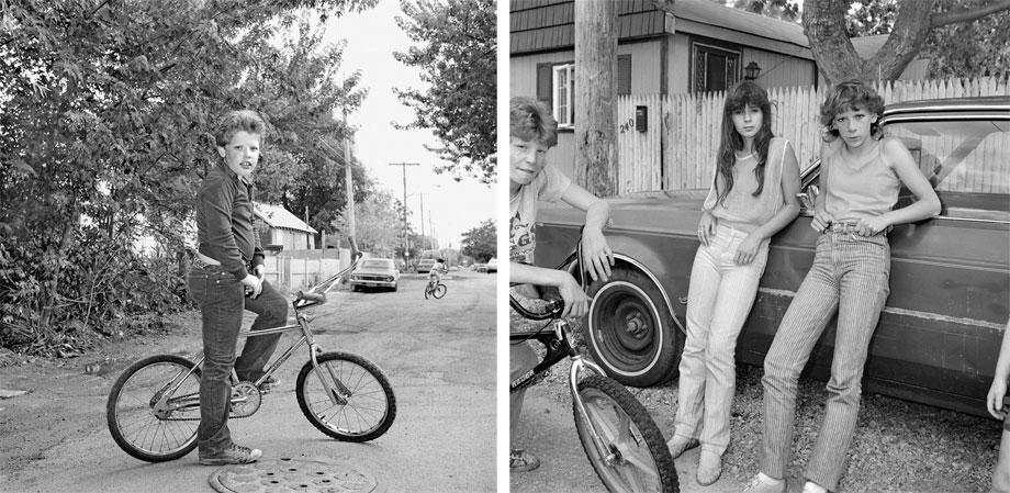 Left: Boy on Bicycle. Right: Two Girls with Big Wheels