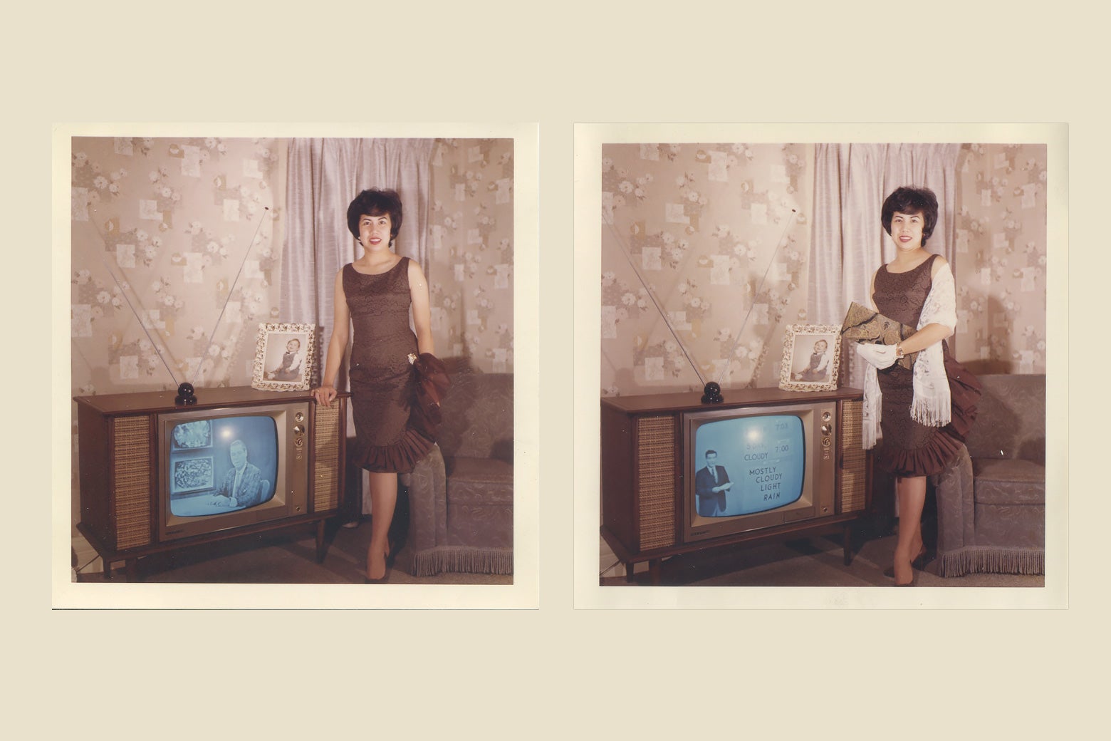 Side-by-side images of a woman dressed up to go out.