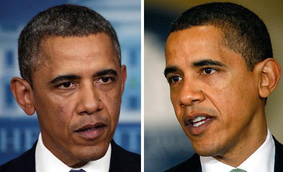 President Barack Obama on (L) December 28, 2012 and again on March 17, 2009 (L).