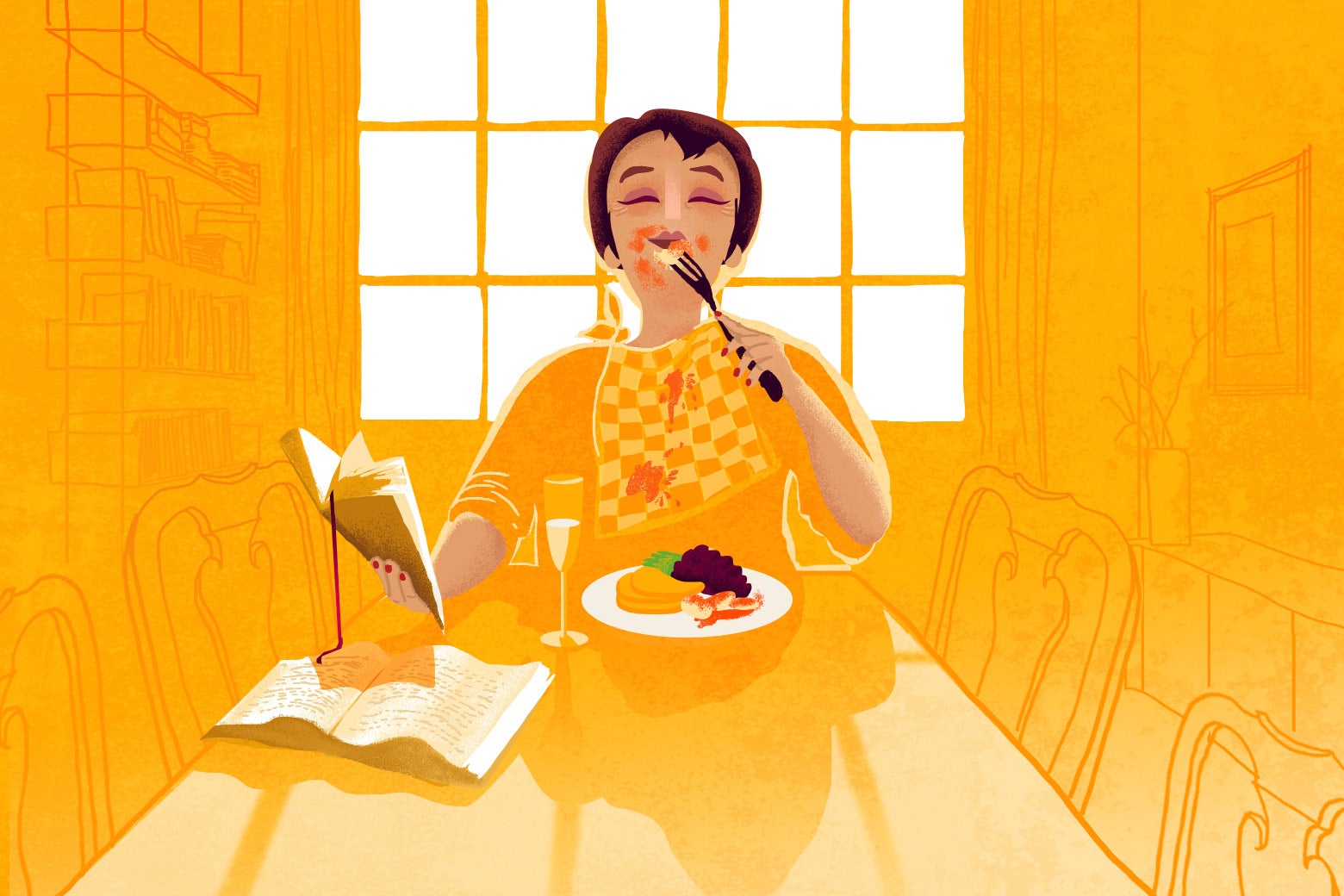 A woman sitting at Thanksgiving dinner alone, reading a book and looking happy