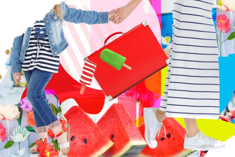 Collage of a working mom and her daughter surrounded by summery items, like popsicles, flowers, and beach hats.