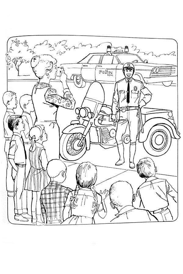 An illustration of Officer Friendly visiting a school and its students and a teacher taking a photo.