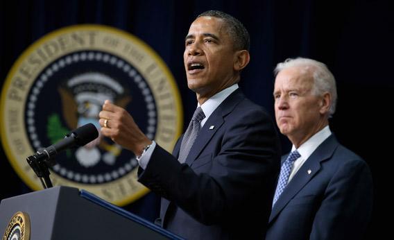 President Obama, left, and Vice President Biden announce the administration's new gun law proposals on Wednesday in Washington, D.C.