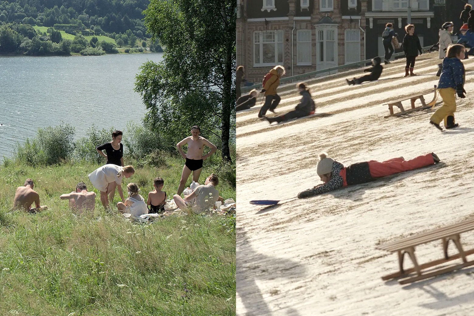 On the left, a pastoral scene shows a bunch of pale people lounging in a meadow on the side of a lake. The men are shirtless and appear to have just gone swimming. On the right, an almost ageless scene of a bunch of children riding toboggans down a snowy city hillside.