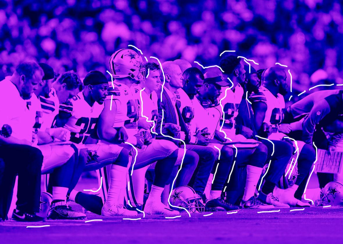 Members of the Dallas Cowboys link arms and kneel during the National Anthem before the start of the NFL game against the Arizona Cardinals at the University of Phoenix Stadium on September 25, 2017 in Glendale, Arizona. 