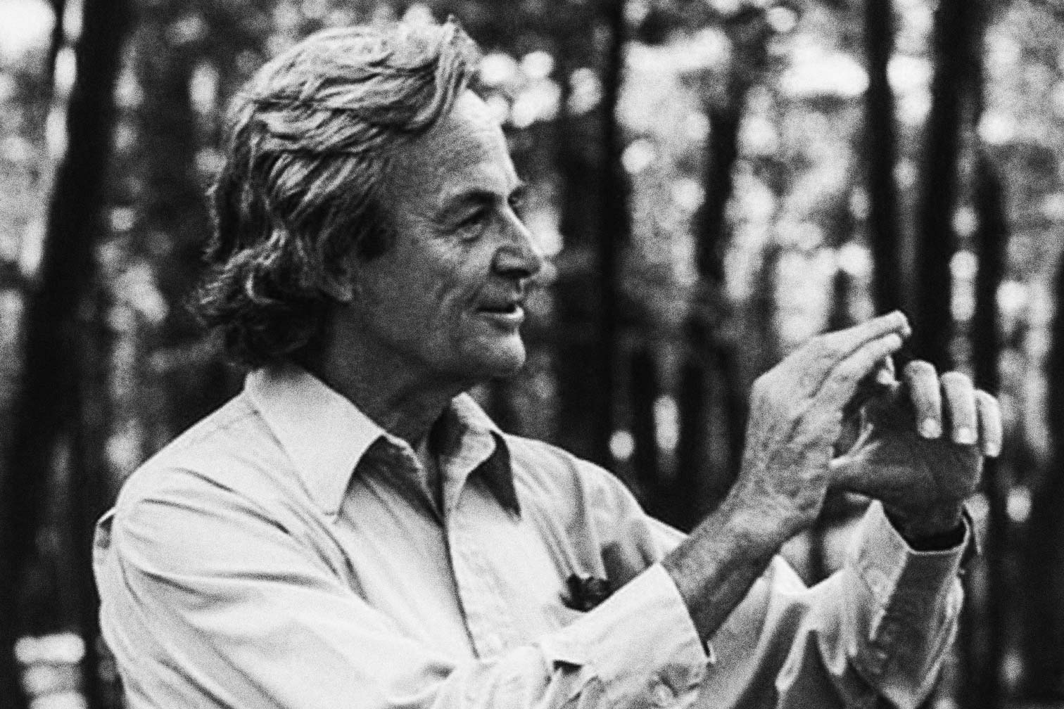 A black-and-white photo of Richard Feynman.