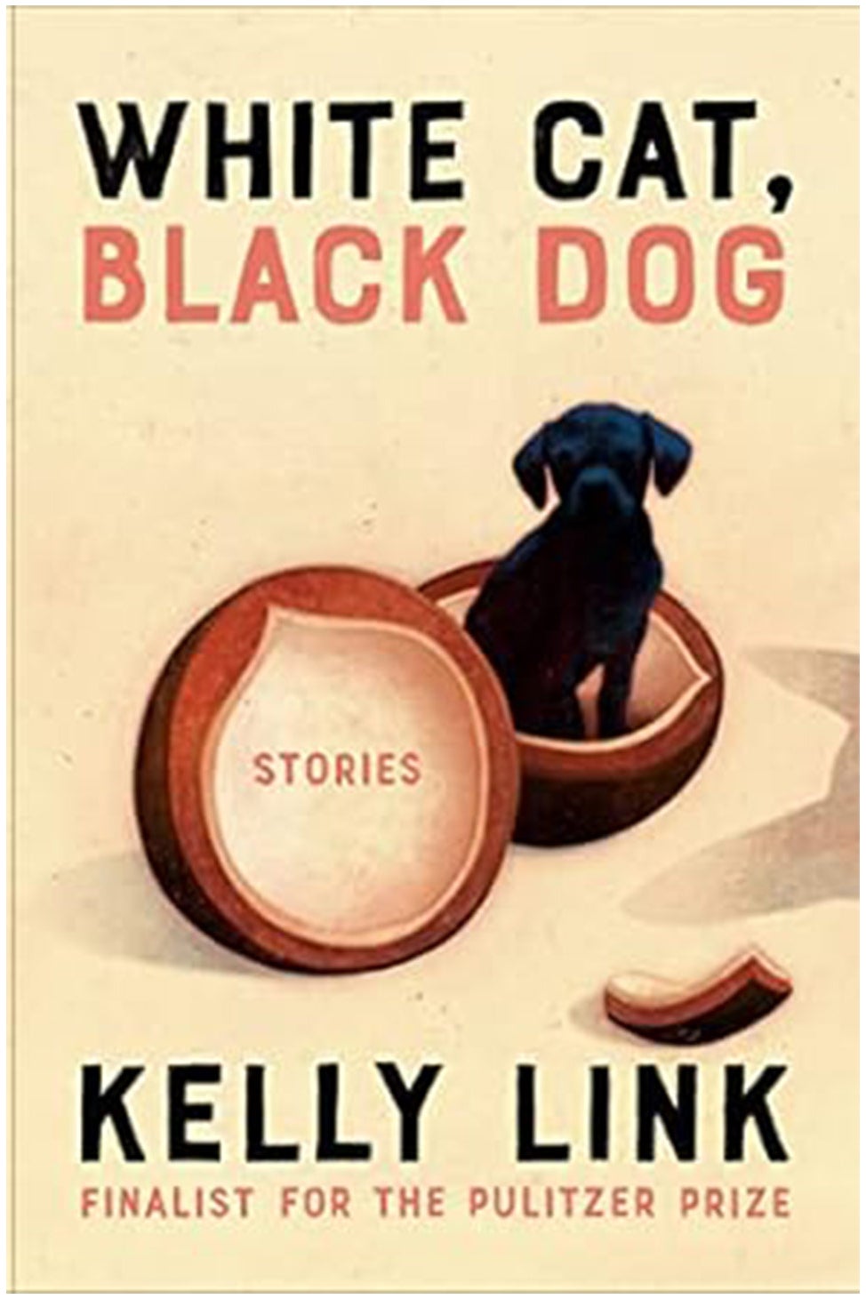A book jacket has a little black dog breaking out of a nutshell.