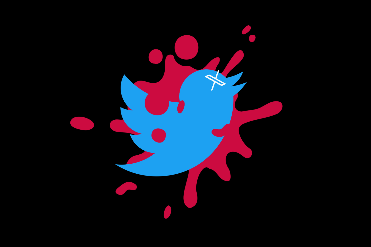 The blue Twitter bird seen in a red splat on a black background, with Unicode X's for eyes.