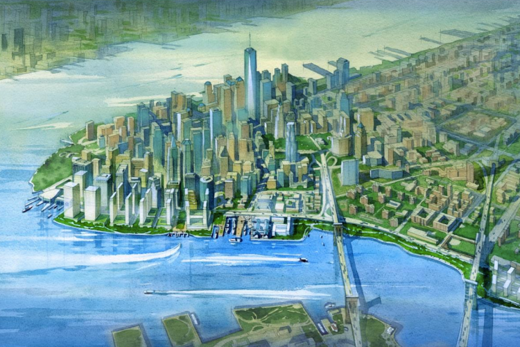 A rendering shows a new row of skyscrapers on reclaimed land off the shore of Lower Manhattan.
