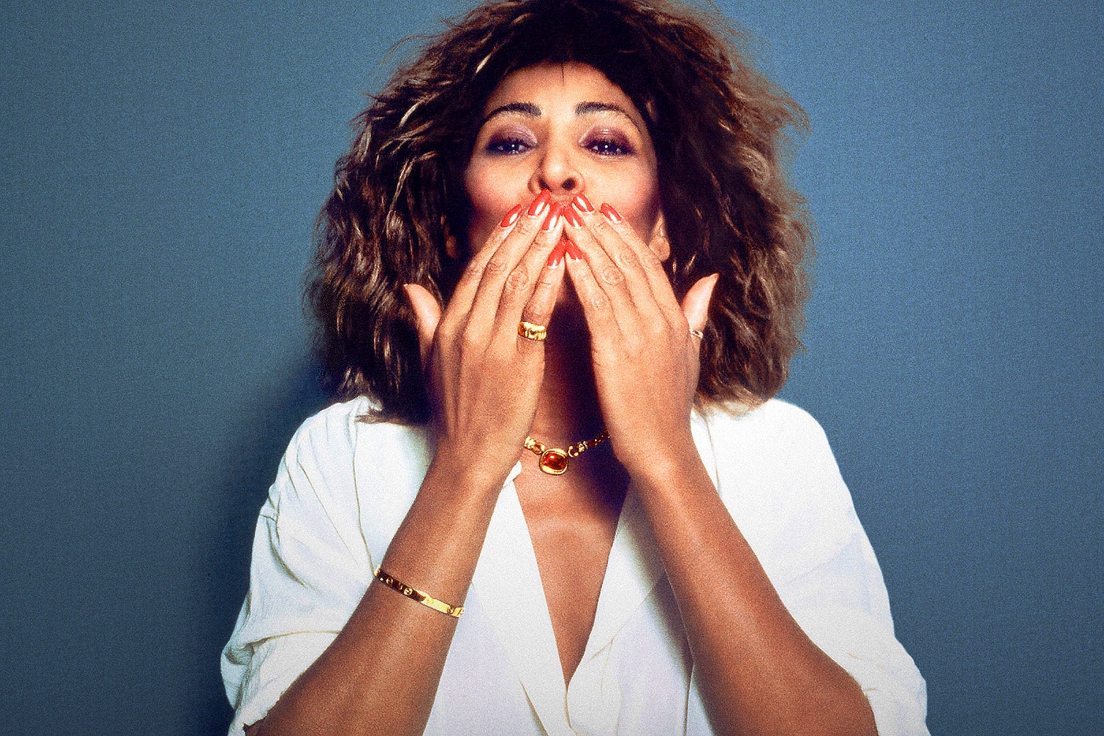 A photo of Tina Turner shows her looking at the camera, her hair all feathered out, both hands raised to her mouth, appearing to blow a kiss at the camera