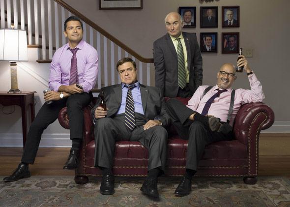 From left, Mark Consuelos, John Goodman, Matt Malloy and Clark Johnson, star in "Alpha House" from Amazon Studios.